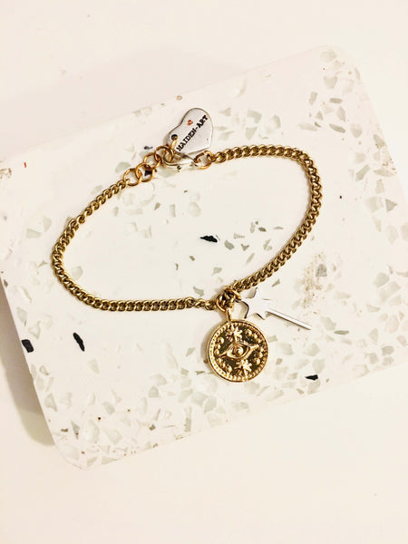 Gold Evil Eye Coin Bracelet and Magic Wand Charm - Maiden-Art