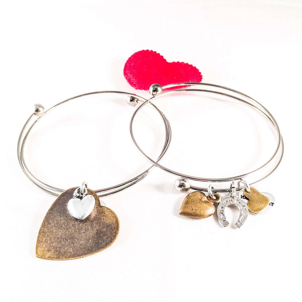 Silver Plated Bangle with bronze heart charms. 2 Styles. - Maiden-Art