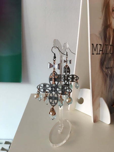 Chandelier Earrings with natural Aquamarine stones, glass beads and rose gold charms. - Maiden-Art