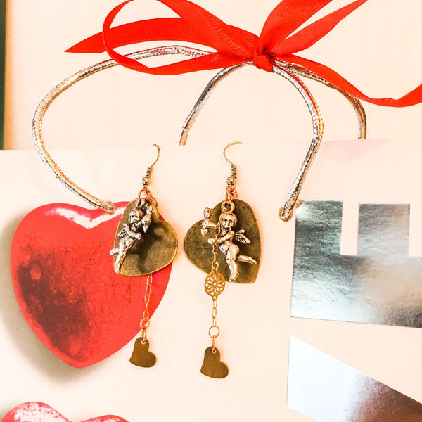 Antique Gold Heart and Cherub Charms Earrings. Cherub Earrings. - Maiden-Art