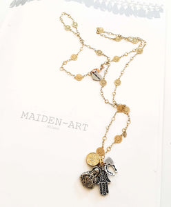Silver Virgin Mary Pendant Necklace with gold charms. - Maiden-Art