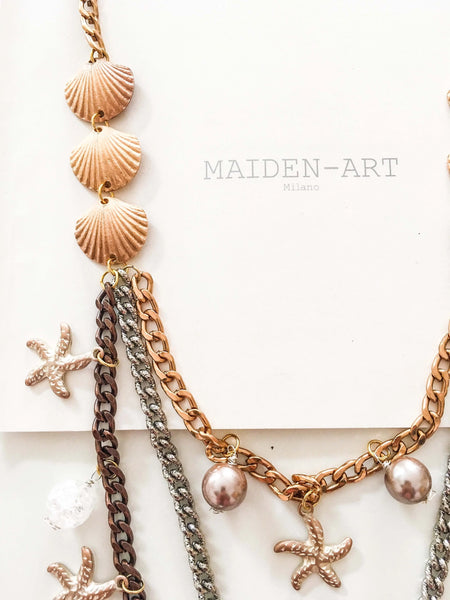 Statement Necklace with Shell, Starfish Charms, Agate Stone, White Agate and Pearls - Maiden-Art
