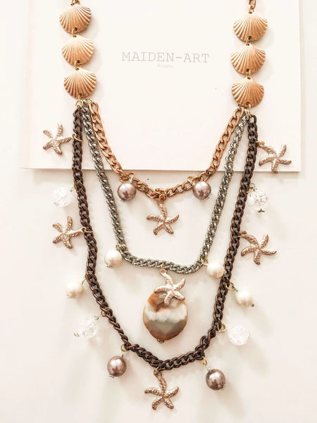 Statement Necklace with Shell, Starfish Charms, Agate Stone, White Agate and Pearls - Maiden-Art
