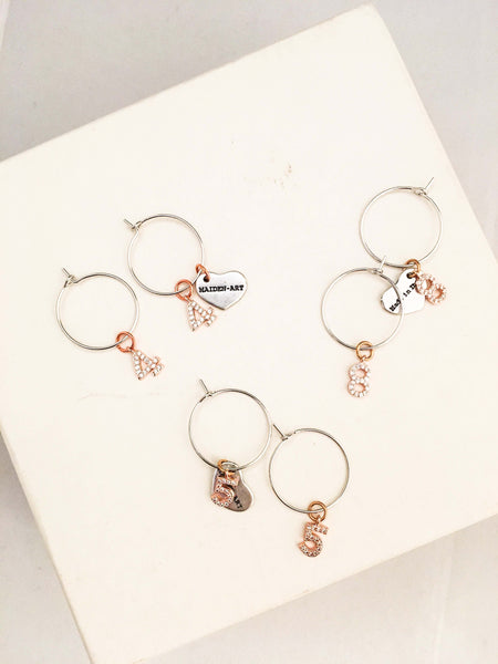 Number hoop earrings in silver, rose gold and rhinestones. - Maiden-Art