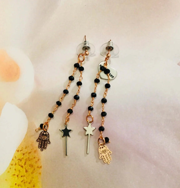 Rosary Earrings with Magic Wand and Hamsa Charms - Maiden-Art