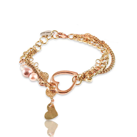 Rose Gold Heart Charm Bracelet with rose pearls - Maiden-Art