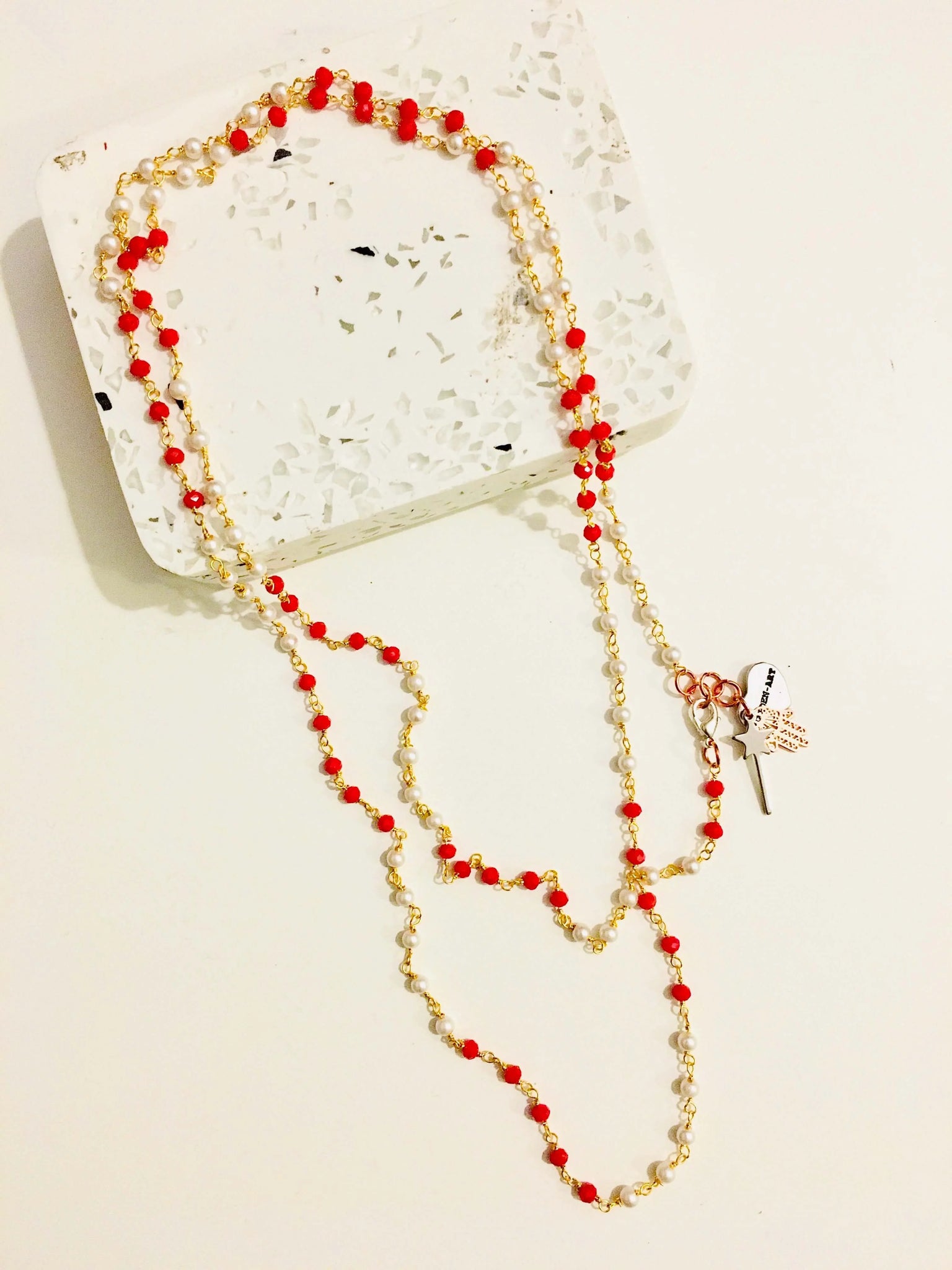 Rosary pearls and red crystals long necklace with magic wand and hamsa charms. - Maiden-Art