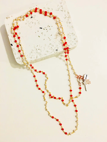 Rosary pearls and red crystals long necklace with magic wand and hamsa charms. - Maiden-Art