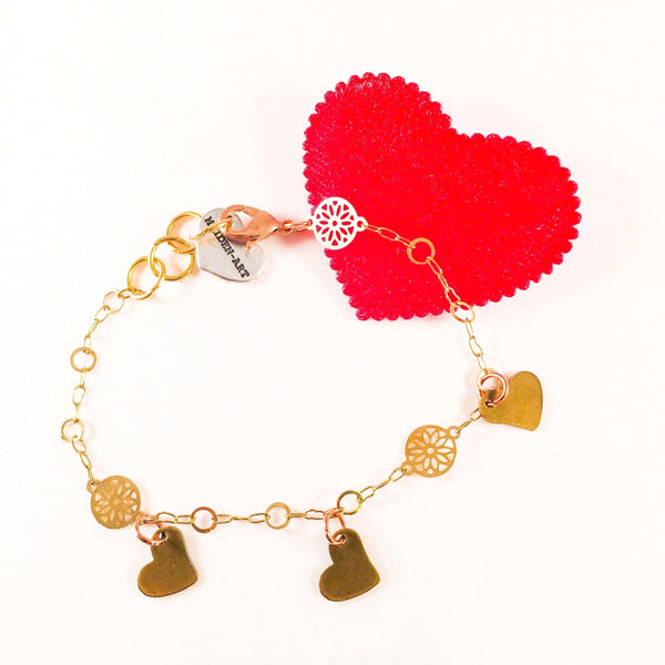 Triple Bronze Heart Charms Bracelet with 18kt Gold Plated Flower Chain. - Maiden-Art