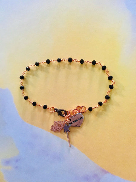 Rosary bracelet with magic wand and hamsa charm. Spinels Bracelet. - Maiden-Art