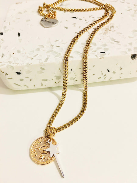 Gold Evil Eye Coin Necklace and Magic Wand Charm - Maiden-Art