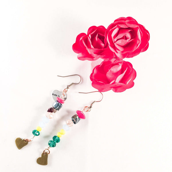 Colorful Beads and Stones Heart Charm Earrings - Maiden-Art