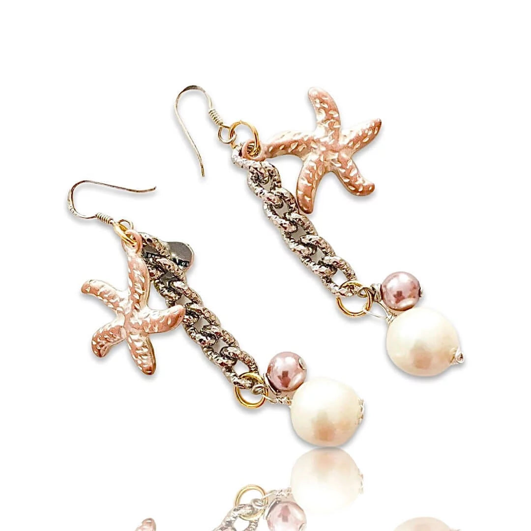 Statement Earrings with Starfish Charms and Pearls. - Maiden-Art