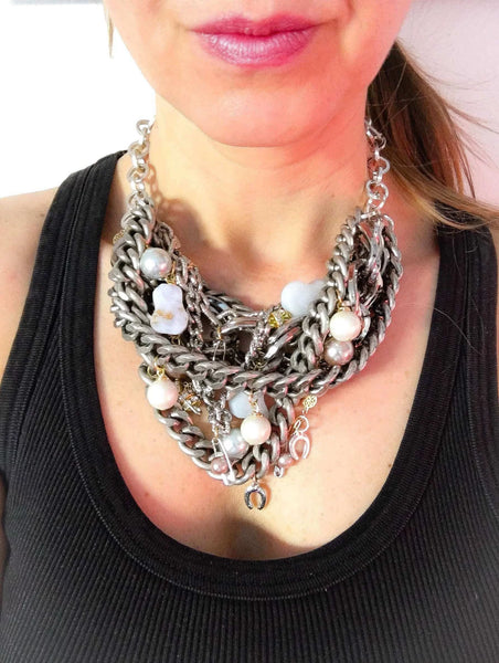 Silver statement necklace with calcedony, pearls and charms. Perfect for parties, summer time and gift for her. - Maiden-Art