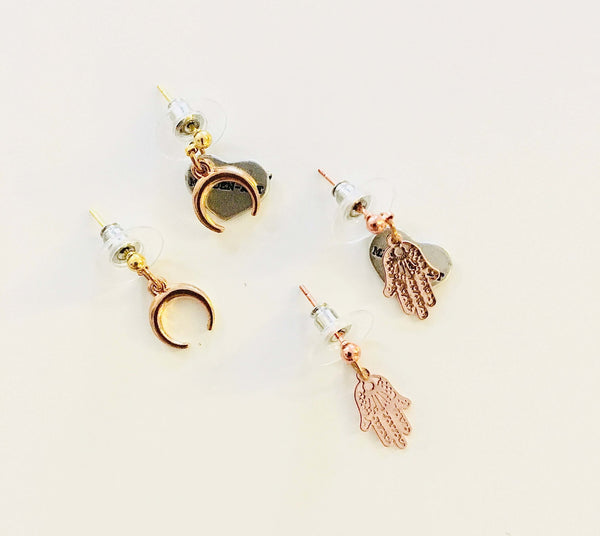 Crescent Moon or Hamsa Micro Earrings in Gold and Rose Gold - Maiden-Art