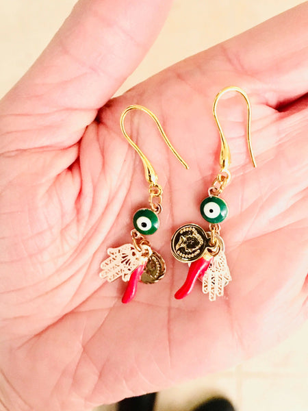 Red Horn and Evil Eye Earrings - Talisman Earrings - Maiden-Art