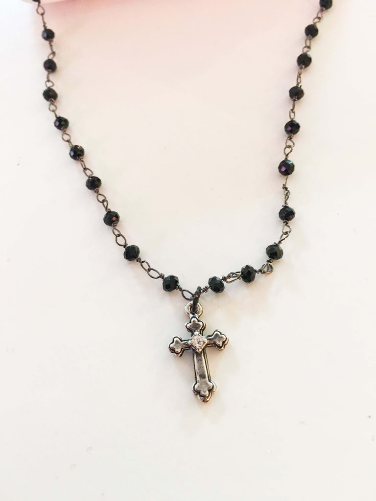 Vintage French Black Bead Rosary with Wooden Crucifix - Yourgreatfinds