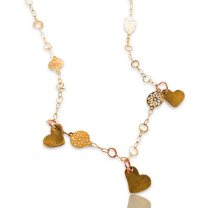 Triple Bronze Heart Charms Necklace with 18kt Gold Plated Flower Chain. - Maiden-Art