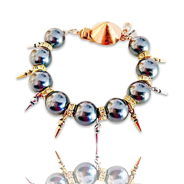 Handmade statement bracelet with black pearls, Swarovski crystals, rhinestones and gold, silver, rose gold plated brass. - Maiden-Art