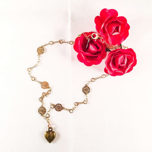 Bronze Heart Charm Necklace with 18kt Gold Plated Flower Chain. - Maiden-Art