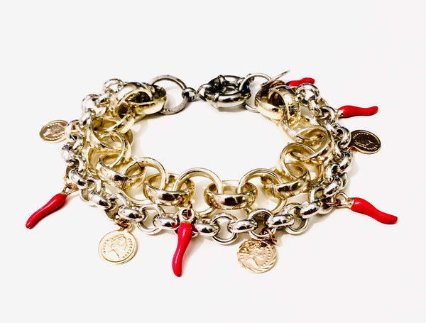 Red Horn and Gold Coins Charm Bracelet. - Maiden-Art