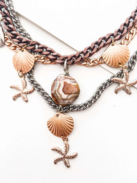Statement Necklace with Shells, Starfish and Agate Stone - Maiden-Art