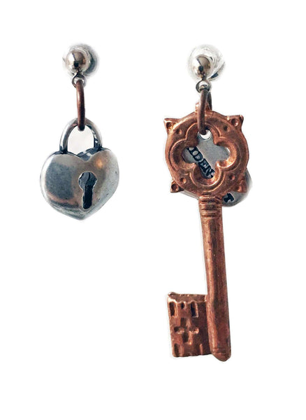 Heart Lock and Key cluster earrings in brass and bronze. Perfect for valentines day, valentines day gift, gift for her. - Maiden-Art