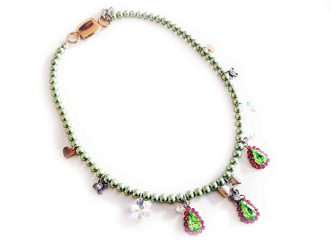 Beaded necklace with pink & green Swarovski crystals - Maiden-Art