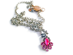Hot pink crystal necklace with silver plated brass - Maiden-Art