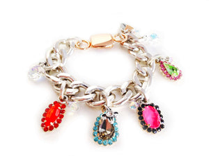 Chain and link bracelet made with colorful Crystals and silver plated charms. - Maiden-Art
