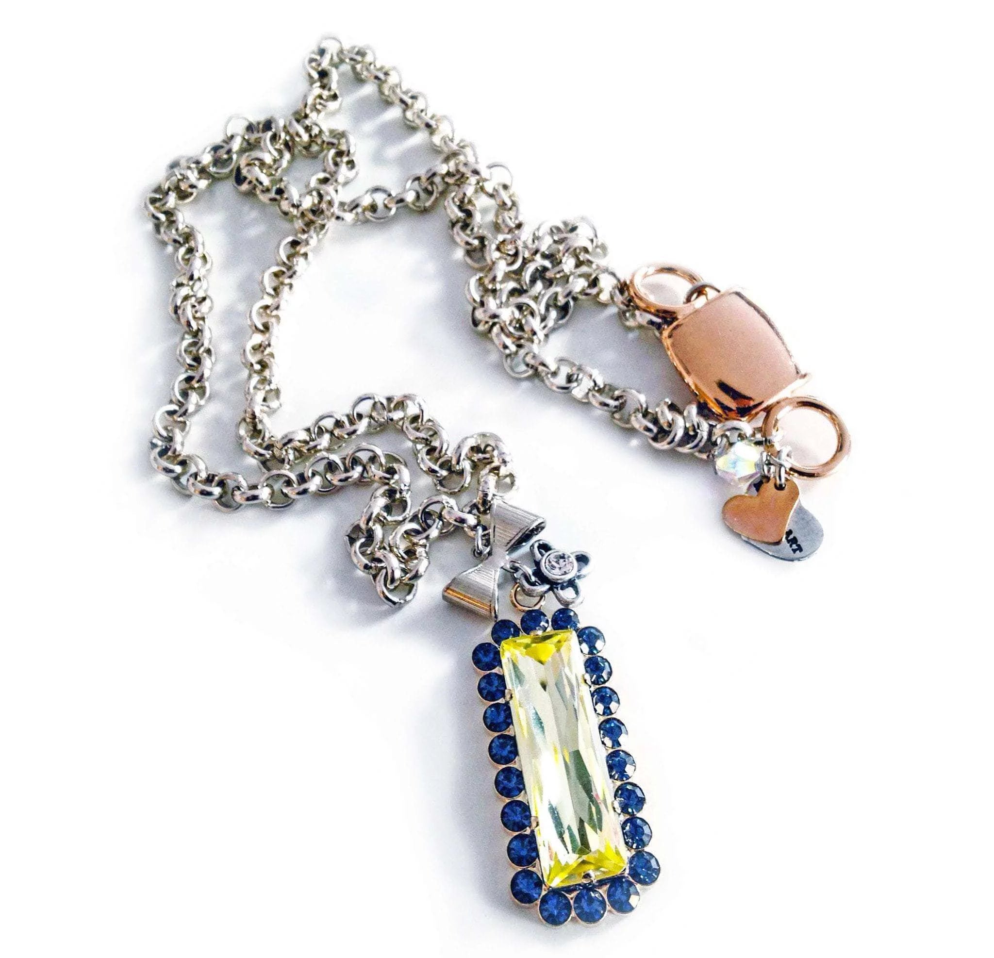 Yellow and blue crystal necklace with silver plated brass. - Maiden-Art