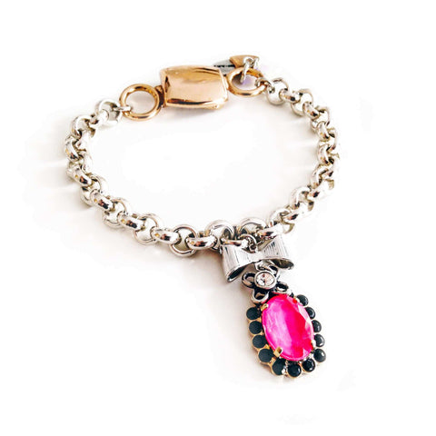 Chain and link bracelet with hot pink and black ematite jet Crystallized Swarovski elements. - Maiden-Art