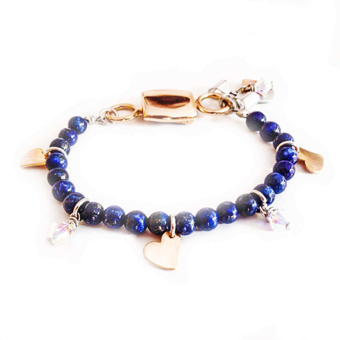 Lapis lazuli gem stone bracelet with rose gold charms - Maiden-Art