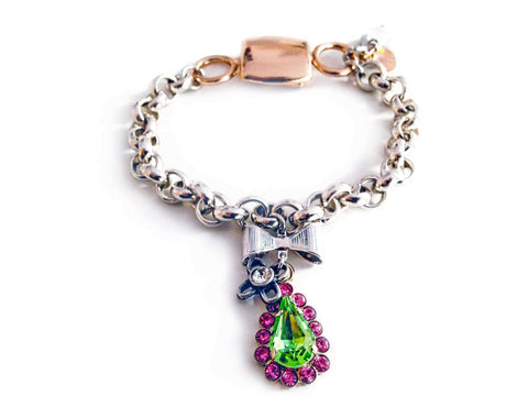 Chain and link bracelet with pink and green Swarovski crystals and silver plated chain. - Maiden-Art
