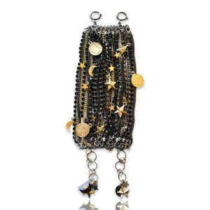 Black Ematite Jet Crystals Cuff Bracelet with 18kt Gold Plated Charms. - Maiden-Art