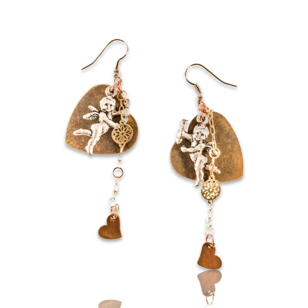Antique Gold Heart and Cherub Charms Earrings. Cherub Earrings. - Maiden-Art