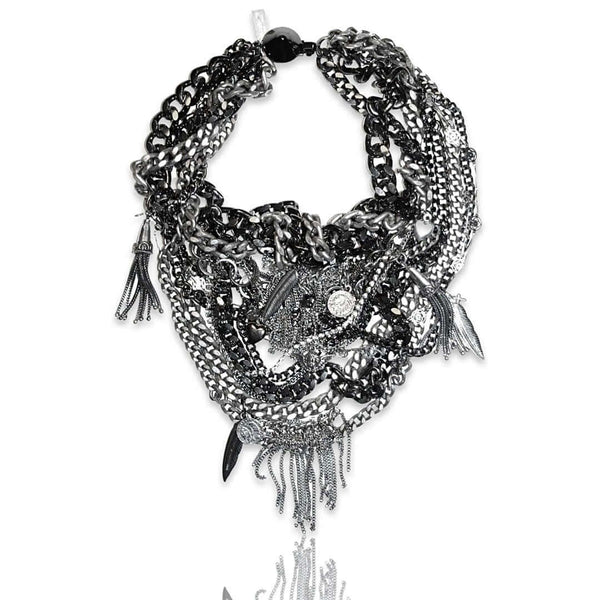 Bib necklace with gunmetal and silver studded chains, Swarovski crystals and stones. Perfect for party, special occasion and to be very fashionable. - Maiden-Art