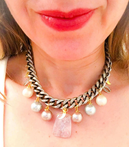 Rose quartz statement choker with pearls and charms. Perfect for parties, summer time and gift for her. - Maiden-Art