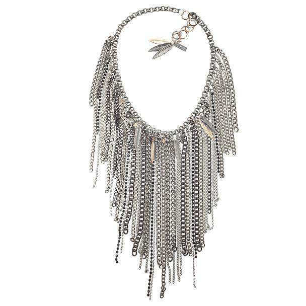 Chain fringe necklace with antique silver ad brass chains, studs, rhinestone crystals and Charms. Trendy necklace, trendy jewelry - Maiden-Art