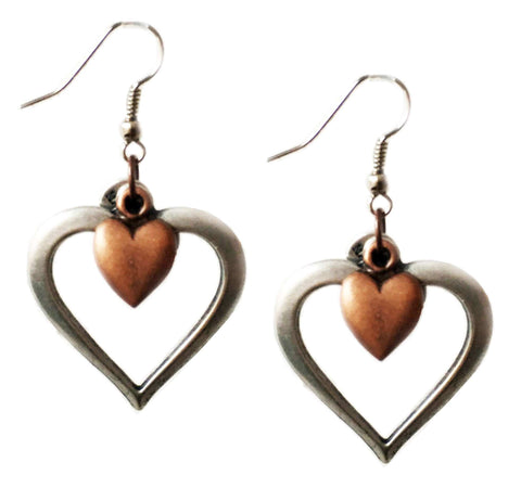 Heart cluster earrings in brass and silver. Perfect for valentines day, valentines day gift, gift for her. - Maiden-Art